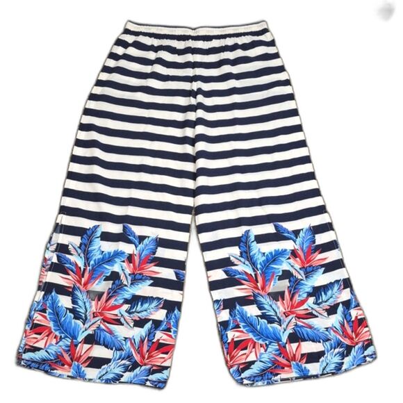 Tommy Bahama Beach Pants XL Navy Stripe Tropical Print Wide Leg Palmsparose NWT - Picture 2 of 11